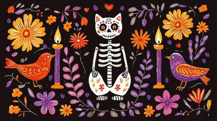 Day of the Dead Art with Skeleton Cat and Colorful Decorations
