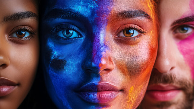 Three individuals display colorful face paint, celebrating unity and cultural expression in a vibrant setting