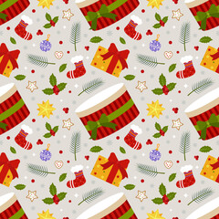 Obraz premium Seamless pattern with Christmas symbols isolated on a light background. Vector. Flat style