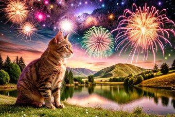 Obraz premium Cute Cat Setting Off Fireworks in a Colorful Night Sky - Fun and Playful Landscape Photography