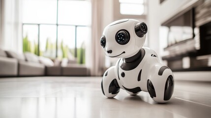A futuristic robotic pet with sleek design and interactive features, clean and modern home environment with a focus on domestic robotics, Domestic style