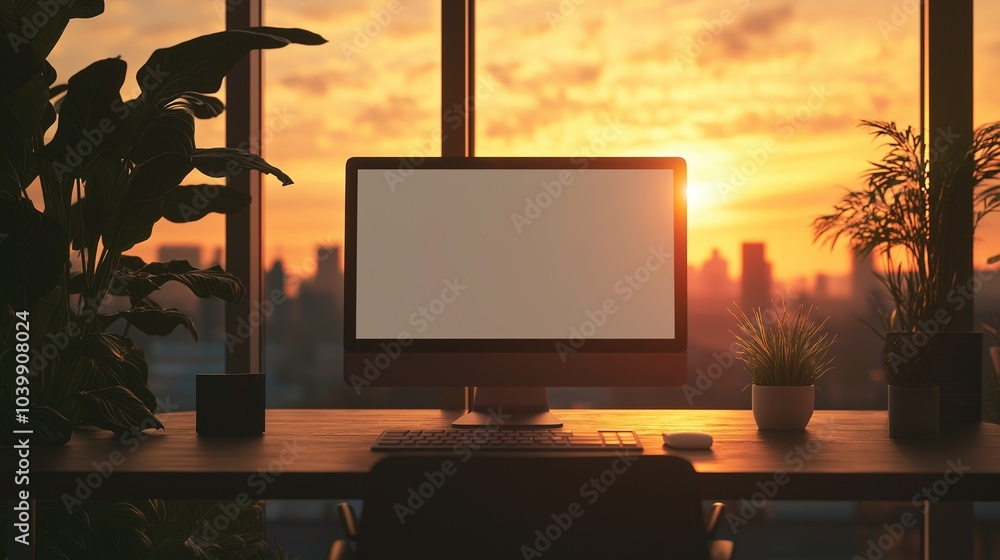 Aufkleber computer screen mockup in office illuminate by sunset light. pc monitor on company employee desk tem