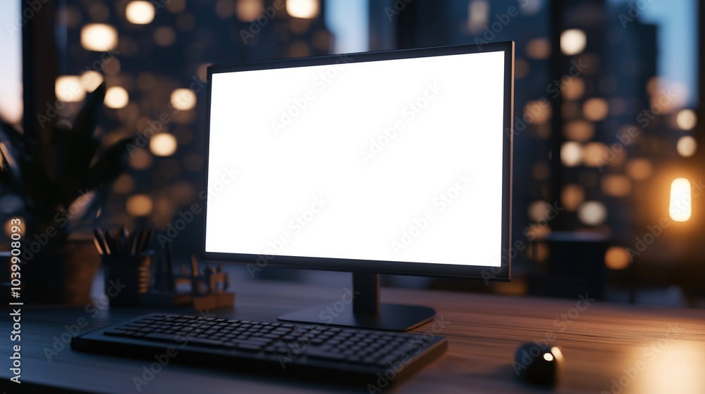 Aufkleber computer with glowing mockup screen in evening corporate office. business computer technology with m