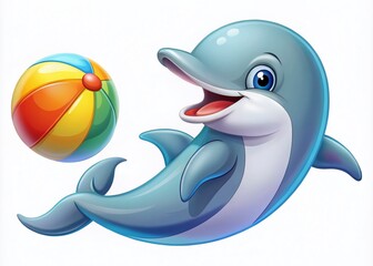 Obraz premium Cute Dolphin Cartoon Playing Ball on White Backdrop - Fun and Whimsical Illustration for Kids' Decor