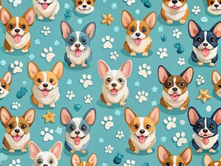 Fototapeta premium Cute Dog Pattern with Bokeh Effect for Kids Textiles Featuring French Bulldogs and Corgis on Light Blue Background