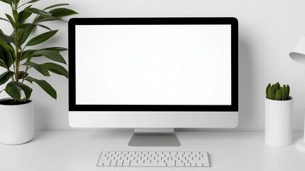 Fototapeta premium Office workplace with computer monitor mockup. Houseplants near modern pc display template advertising image. Electronics for commercial activity mock up product photorealistic