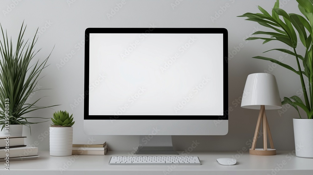 Aufkleber office employee desk with mockup computer display. interior design for productivity improving templa