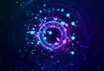 Abstract blue and purple glowing circles with scattered bokeh.