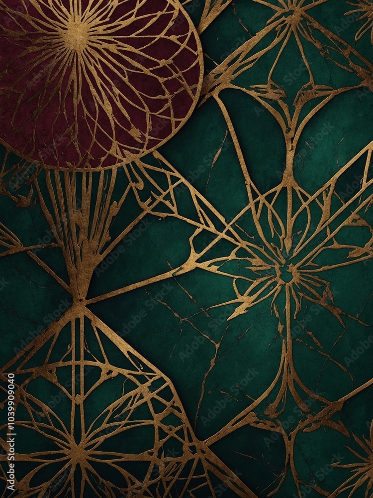 Poster intricate golden floral patterns on dark green background, with abstract geometric shapes and lines 