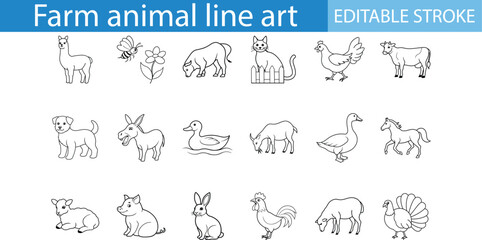 Farm Animal Line Art Illustrations Set Editable Stroke