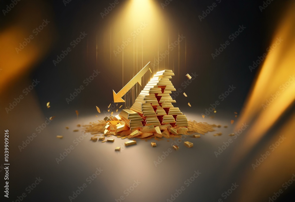 Poster A downward pointing arrow crashes into a tower of gold bars, causing them to shatter and fall apart.
