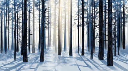 Fototapeta premium Winter forest silhouettes of fir trees and spruces with wood tree background.