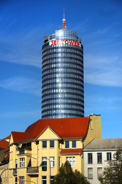 Jena, Germany - October 16, 2024: Modern Jen Tower skyscraper in Jena, the second largest city in Thuringia.
