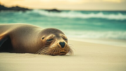 Relaxed Sea Lion on Sandy Beach by Ocean Shoreline