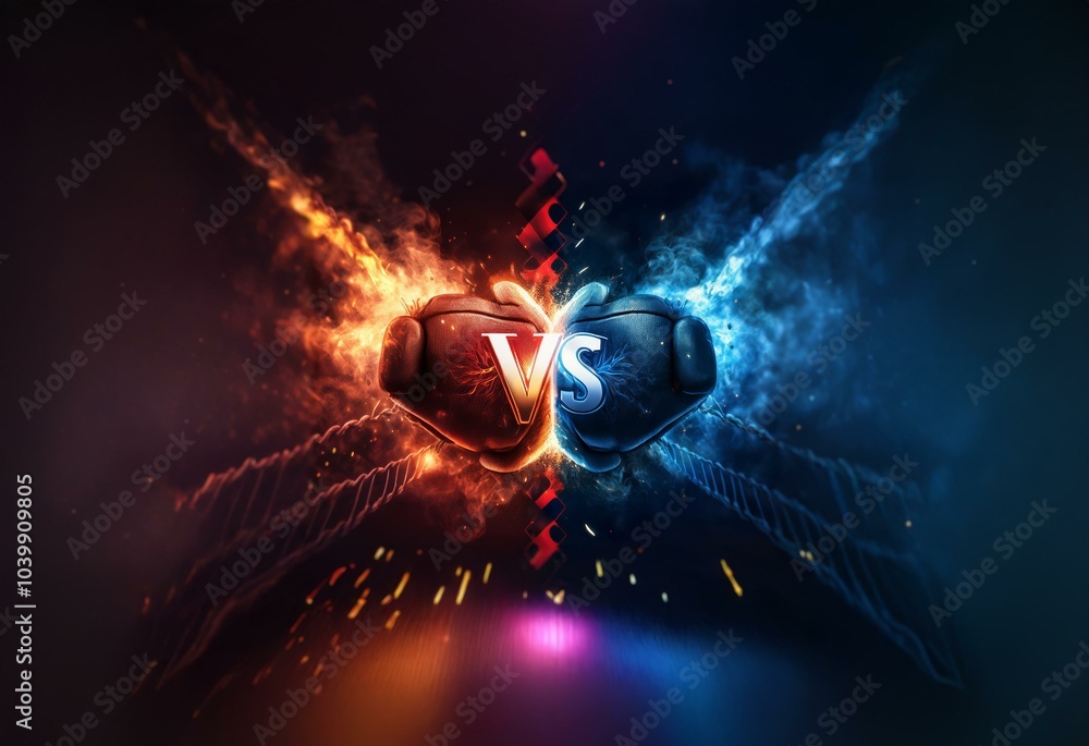 Poster two boxing gloves, one engulfed in flames and the other in ice, clash in a dramatic display of compe