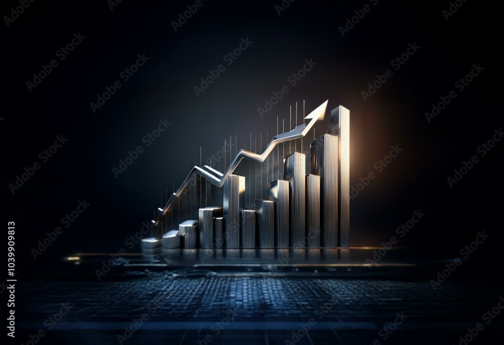Poster a silver 3d bar chart with an upward arrow pointing to the right and a blurred blue keyboard in the 