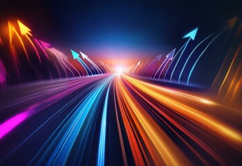 Abstract illustration of a glowing, futuristic highway lined with colorful arrows, representing progress and speed.