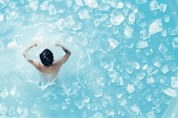 An overhead view of a large tub filled with ice and water, with a person sitting inside up to their waist.Ice bath.Cryotherapy.Ice cubes.Cold water therapy.