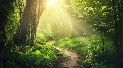 Naklejka premium Sunlit Lush Green Forest with Winding Trail