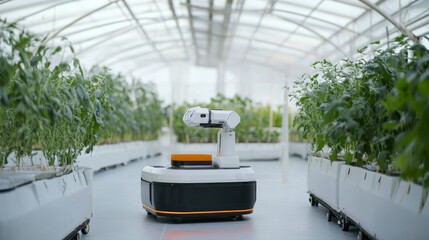 A futuristic robotic system managing automated agricultural tasks in a high-tech greenhouse, clean and organized environment with a focus on smart farming technology, Agricultural style