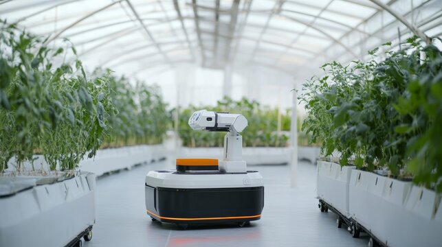 A futuristic robotic system managing automated agricultural tasks in a high-tech greenhouse, clean and organized environment with a focus on smart farming technology, Agricultural style
