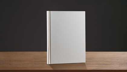 White book or notebook mockup on brown wooden table, blurred dark backdrop. Blank cover.