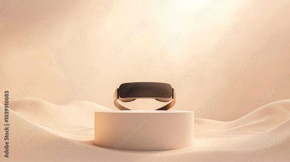 Poster futuristic tech podium displaying virtual reality device