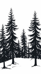 Obraz premium Winter forest silhouettes of fir trees and spruces with wood tree background.