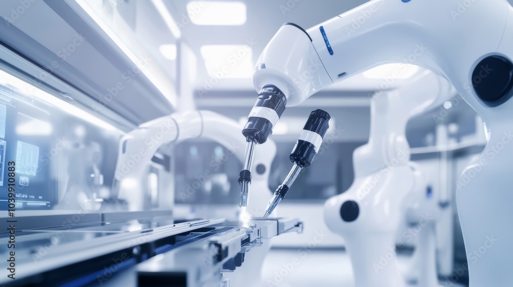 Fototapete A futuristic robotic system managing automated assembly of complex medical robots in a clean, high-tech medical robotics lab