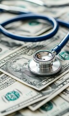 Stethoscope on a stack of dollar bills.
