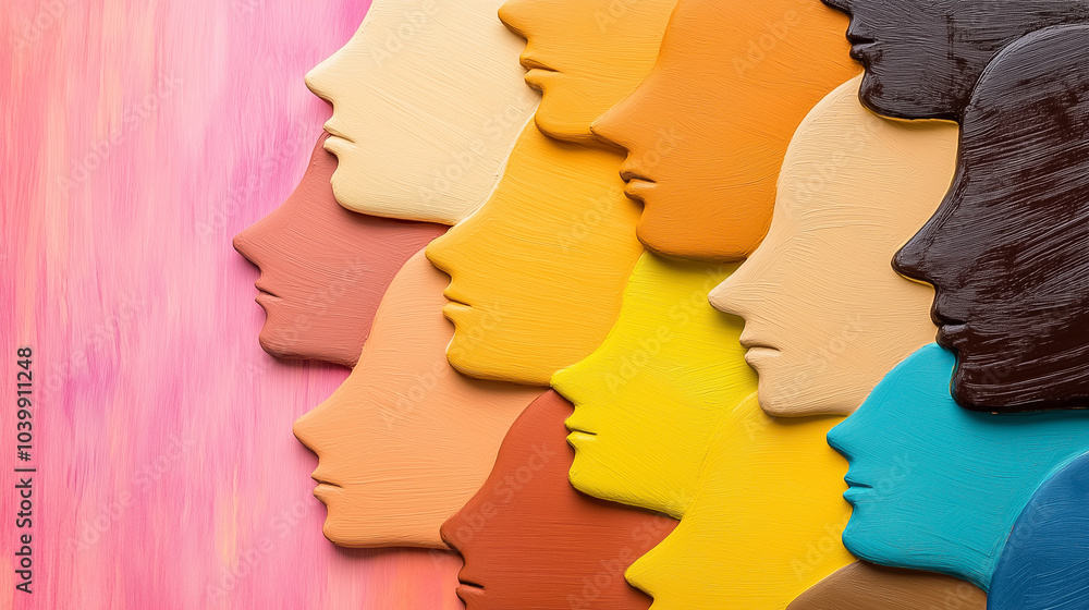 Poster colorful human profiles symbolize diversity and unity, creating an inspiring display of inclusion