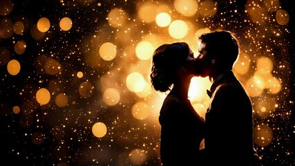 A couple is kissing in the dark with a lot of light shining on them. The light is coming from the sun and the couple is silhouetted against the bright background