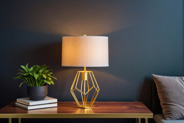 Stylish modern table lamp with a golden geometric base on the table in a cozy living room at night with copy space.