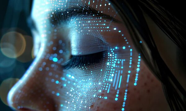 Female eye with digital blue dots overlaying skin video animation. High-tech artificial intelligence. Woman face animated footage HD clip motion graphics. Data visualization concept