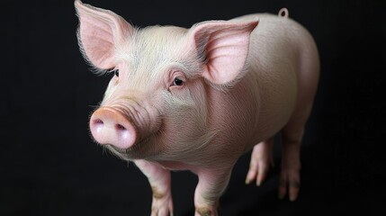 A pink piglet with large ears stands on a black background, looking directly at the camera.