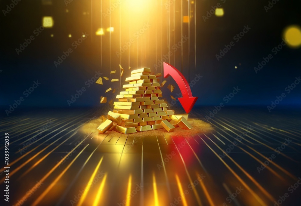 Poster a stack of gold bars crumbles under the weight of a red downward pointing arrow.