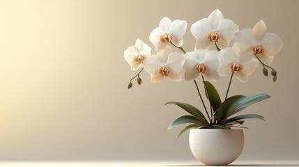 Elegant white orchids in a minimalist pot against a soft background.