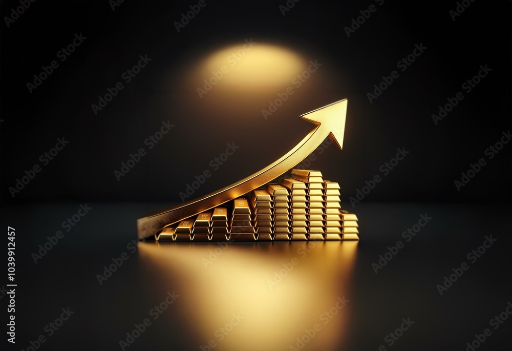 Poster a golden arrow pointing upwards is curved over a stack of gold bars on a black background.