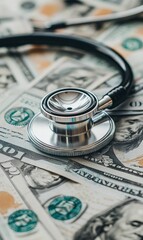 Stethoscope on a pile of US dollar bills.