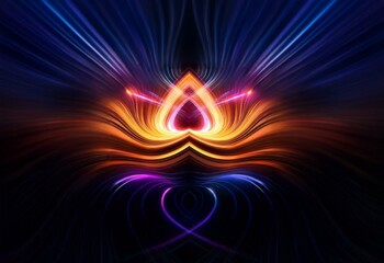 Abstract glowing lines of orange, pink, blue, and white converge and radiate from a central point.