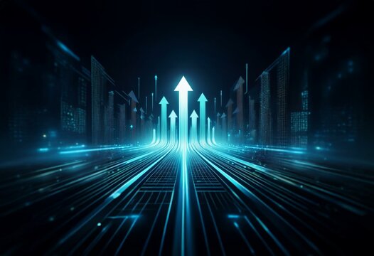 A futuristic digital cityscape with bright blue neon lights, forming a pathway of glowing arrows leading upwards.