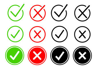 Set of different check marks in cartoon style. Vector illustration of green, red and graphic check marks isolated on white background. Right and wrong. Yes and no. Voting. Choice.