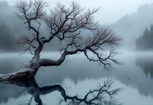 A black and white single lonely tree in a misty morning sits in the beautiful Lake Wanaka, New Zealand
