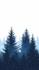 Obraz premium Winter forest silhouettes of fir trees and spruces with wood tree background.
