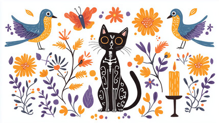 Obraz premium Día de los Muertos Illustration with Cat Birds and Flowers