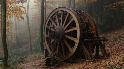 Vintage Pulley System in Misty Forest Setting