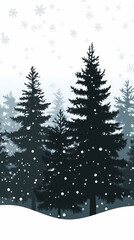 Naklejka premium Winter forest silhouettes of fir trees and spruces with wood tree background.