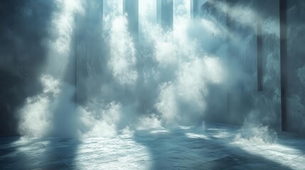 concrete studio room with a textured floor and wisps of smoke floating upward creating an ethereal atmosphere perfect for product display or artistic installations in a modern setting