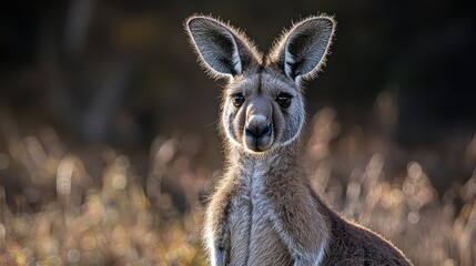A red kangaroo stares intently at the camera with its large ears and powerful legs.