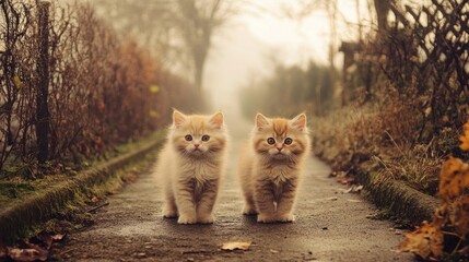 Cute Kittens Walking on a Misty Pathway